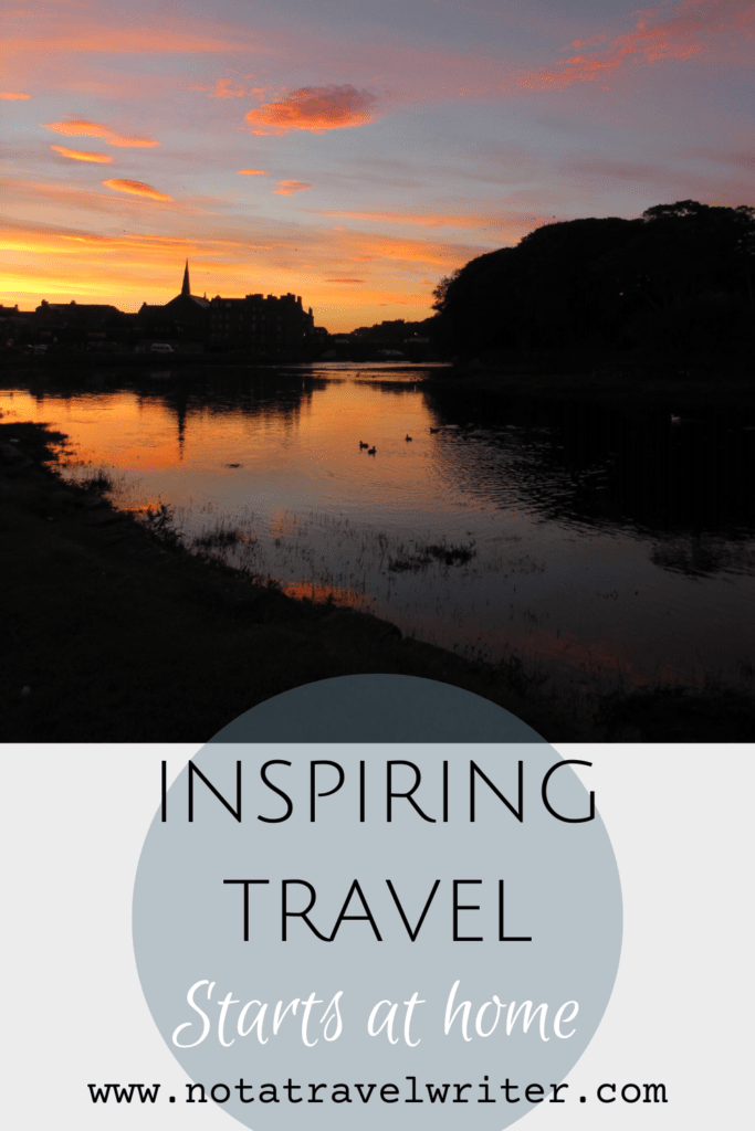 Pinterest Pin for the post Inspiring travel - featuring the sunrise over the river Wick. This was my own home for some years, before I left for travel.