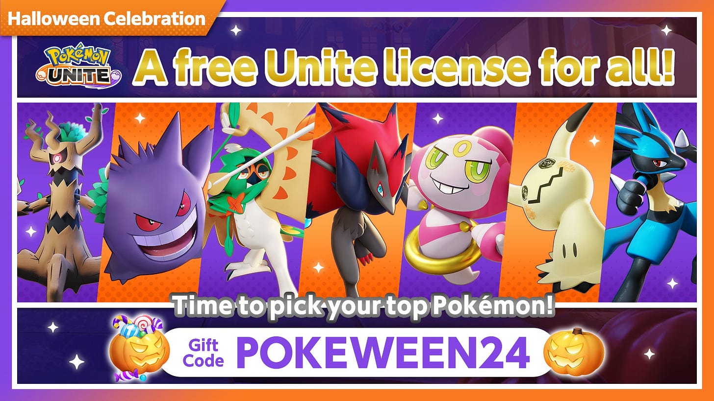 Receive one of six Pokémon UNITE licenses with a code, redeemable until November 30th, 2024