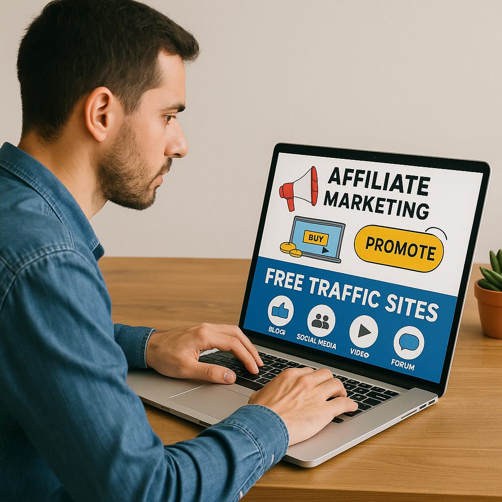 "Affiliate marketer using free traffic sites on laptop to promote products"