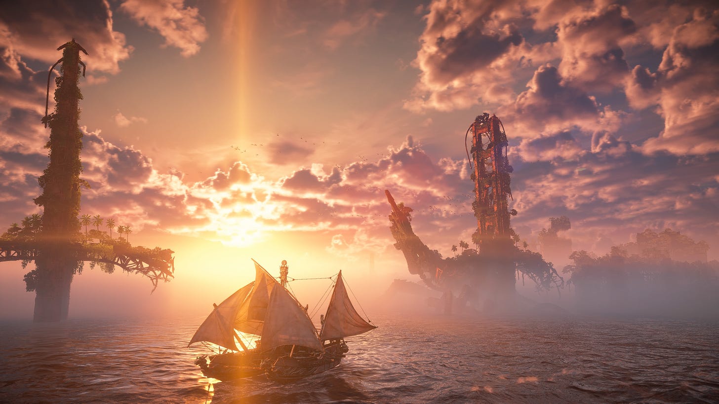 Video game screenshot of a boat sailing out of a harbor at sunset. It is passing through a wrecked version of the Golden Gate Bridge