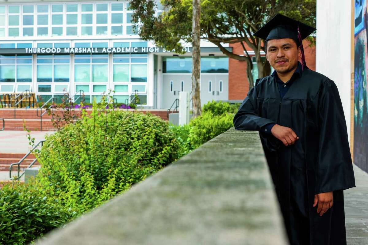 Oliser Aguilar, 21, a senior at Thurgood Marshall Academic High School, left his mud-and-stone home in Guatemala at age 17 with a sixth-grade education. Four years later, he has a 3.9 GPA and plans to graduate from high school on Wednesday.