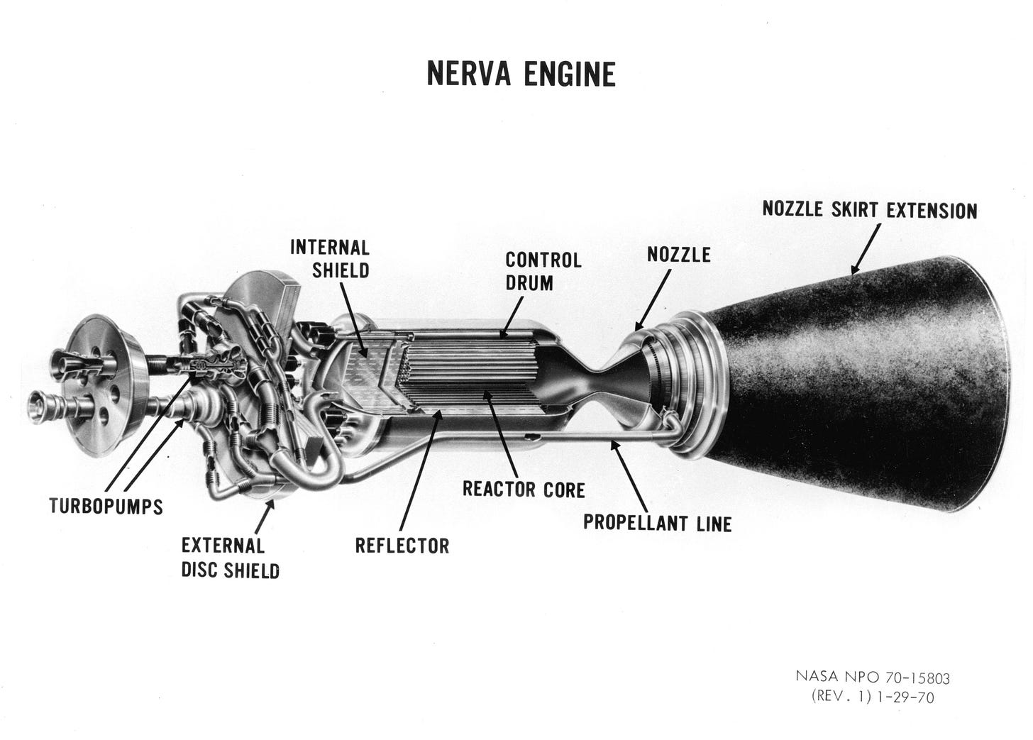 The image shows a NASA design concept for a nuclear thermal propulsion engine called NERVA.