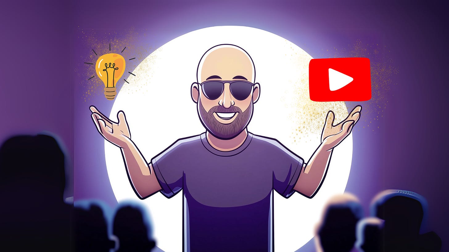 Bald man holding his hands in the air. One hand holding the YouTube logo and the other has a lightbulb.