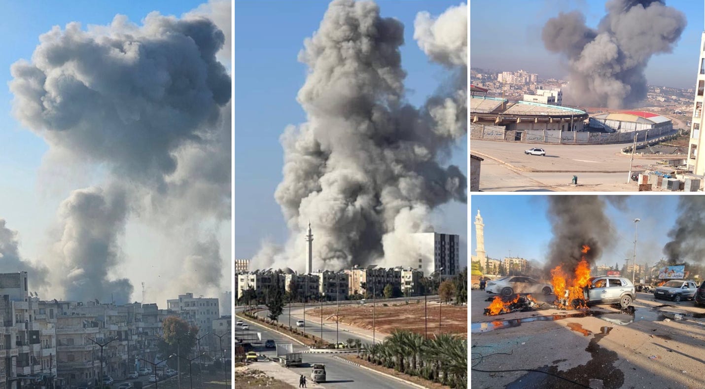 A collage of several buildings with smoke

Description automatically generated