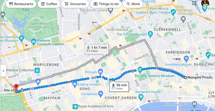 Google map of London showing the walking directions between Newgate Prison and the Tyburn Gallows