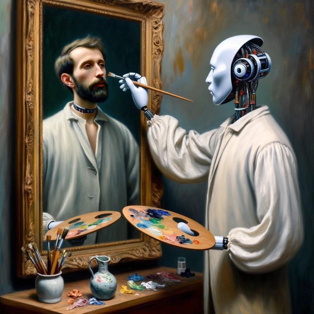 Oil painting of an artist staring into a mirror. Instead of their reflection, an AI robot stands in the same pose, brush in hand, trying to mimic the artist's expressions but coming off as soulless.