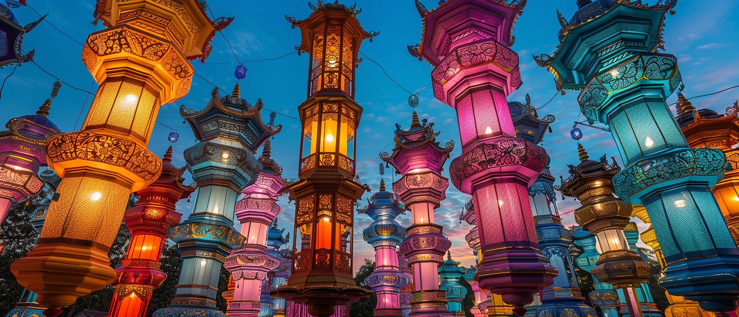 A display of tall, colorful, handcrafted lanterns with intricate designs, illuminated against a twilight sky.