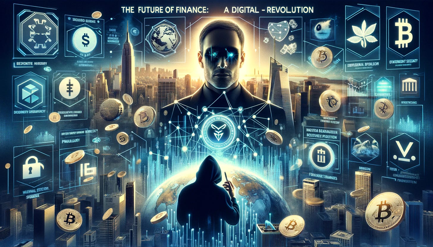 Create an evocative movie poster that visually represents the convergence of traditional finance and cutting-edge digital technology. At the center, depict a futuristic city skyline, symbolizing the financial sector's evolution. Incorporate icons or elements representing Israel's government bond tokenization, such as digital blockchain links and traditional government buildings, blending seamlessly into the skyline. Feature an illustration of a figure symbolizing the FDIC Vice Chairman, depicted as a visionary looking towards the future, with digital currency symbols floating around him. On one side, show a shadowy figure with a hacker's silhouette, representing the threat of cyber heists, lurking behind digital security locks and firewalls. On the opposite side, depict a blockchain platform like Polymesh Private, with advanced encryption symbols and privacy shields. At the bottom, illustrate a bustling digital market place with various crypto coins and digital assets flying around, symbolizing Figure Technologies' decentralized platform. The title of the poster should read 'The Future of Finance: A Digital Revolution', with a sleek, modern font. The overall mood should be a mix of excitement and caution, capturing the dynamic changes and challenges facing the financial sector.