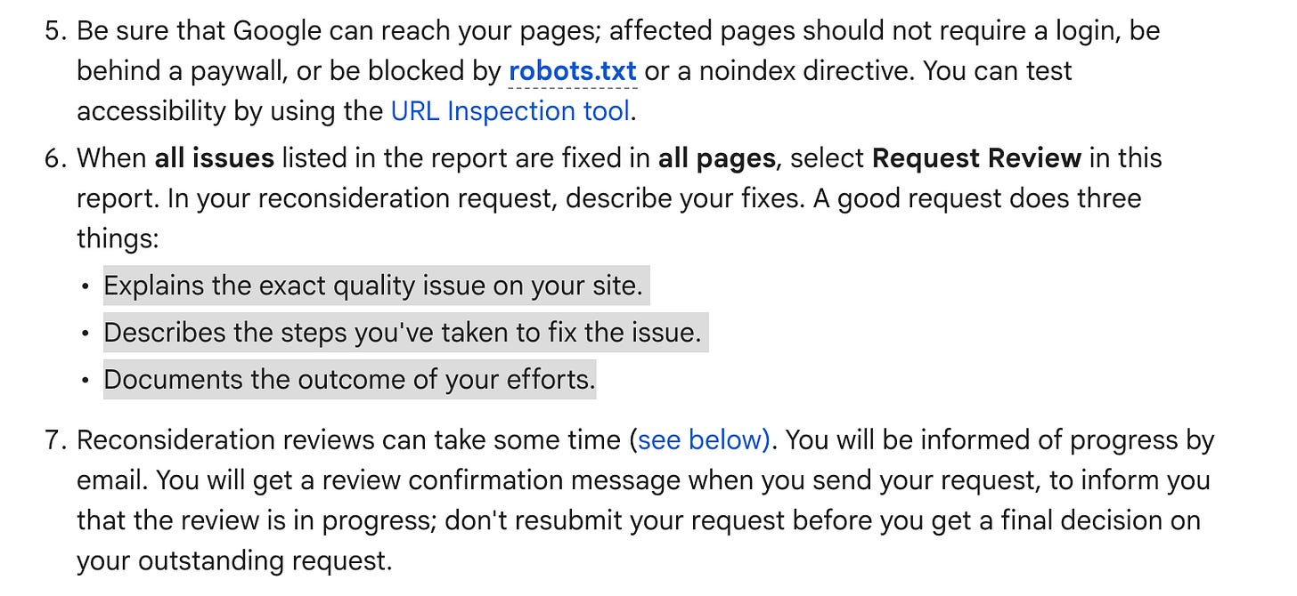Screenshot of Google Search Console help page outlining reconsideration request guidelines for manual actions, advising to explain the quality issue, describe steps taken to fix it, and document the outcome, with additional notes on page accessibility and review timelines.