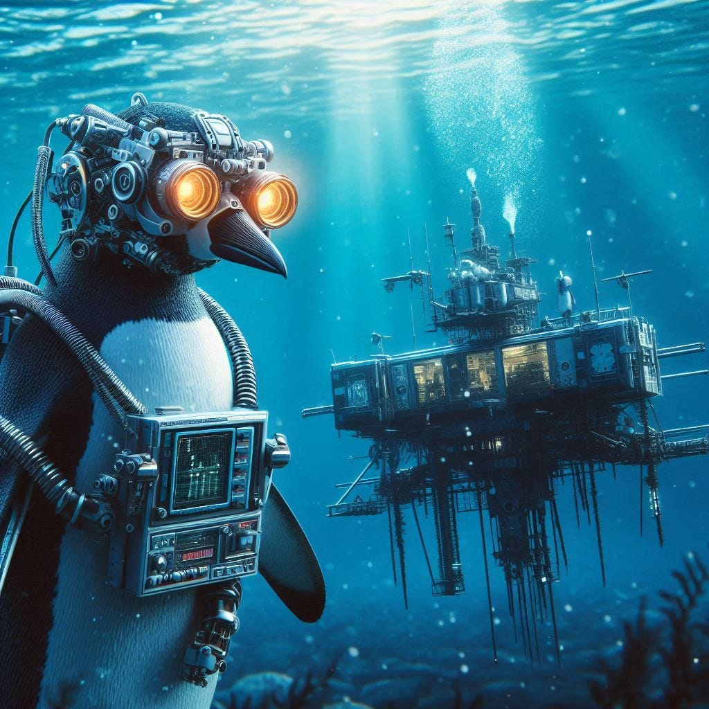 cyborg penguin diving into the water to examine a space station under water