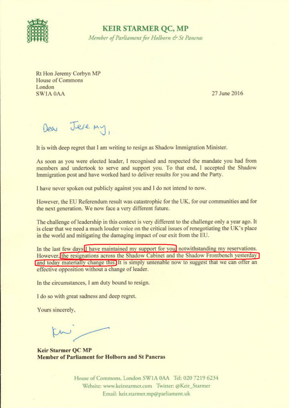 Keir Starmer Chicken Coup Resignation Letter