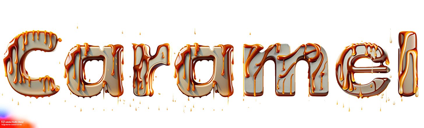 The word "caramel" rendered with what looks like dripping caramel on the letters.