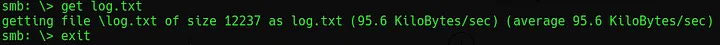 Terminal screen connected to smb share showing get log.txt.