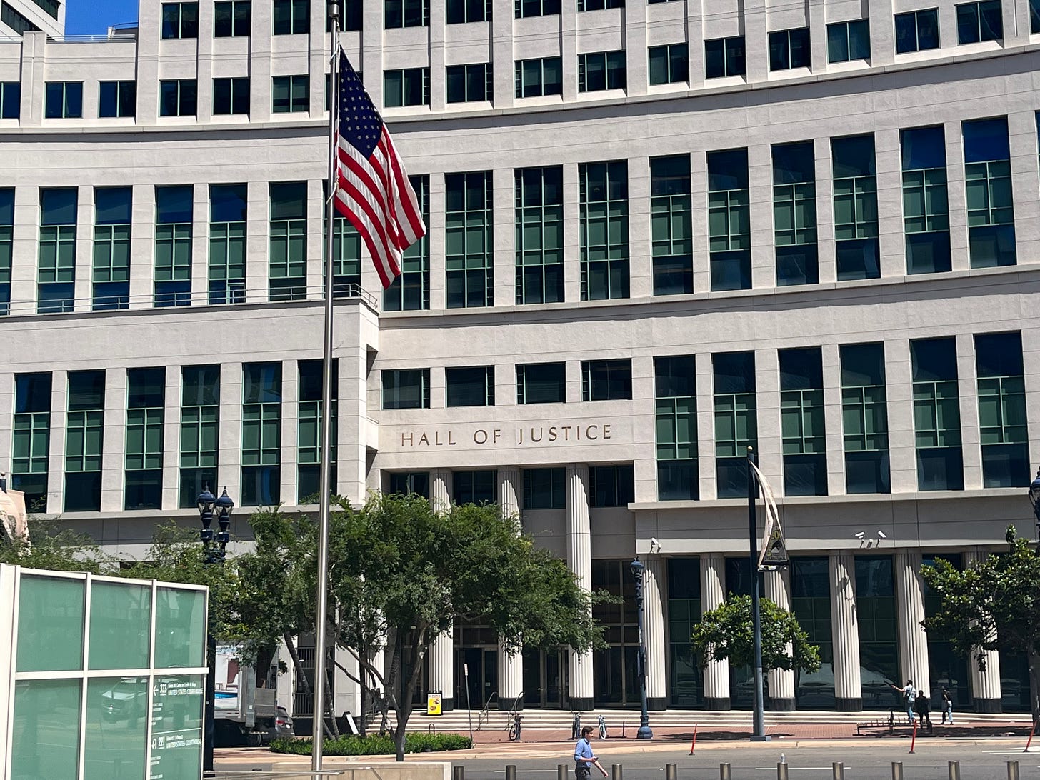 The exterior of the Hall of Justice in downtown San Diego