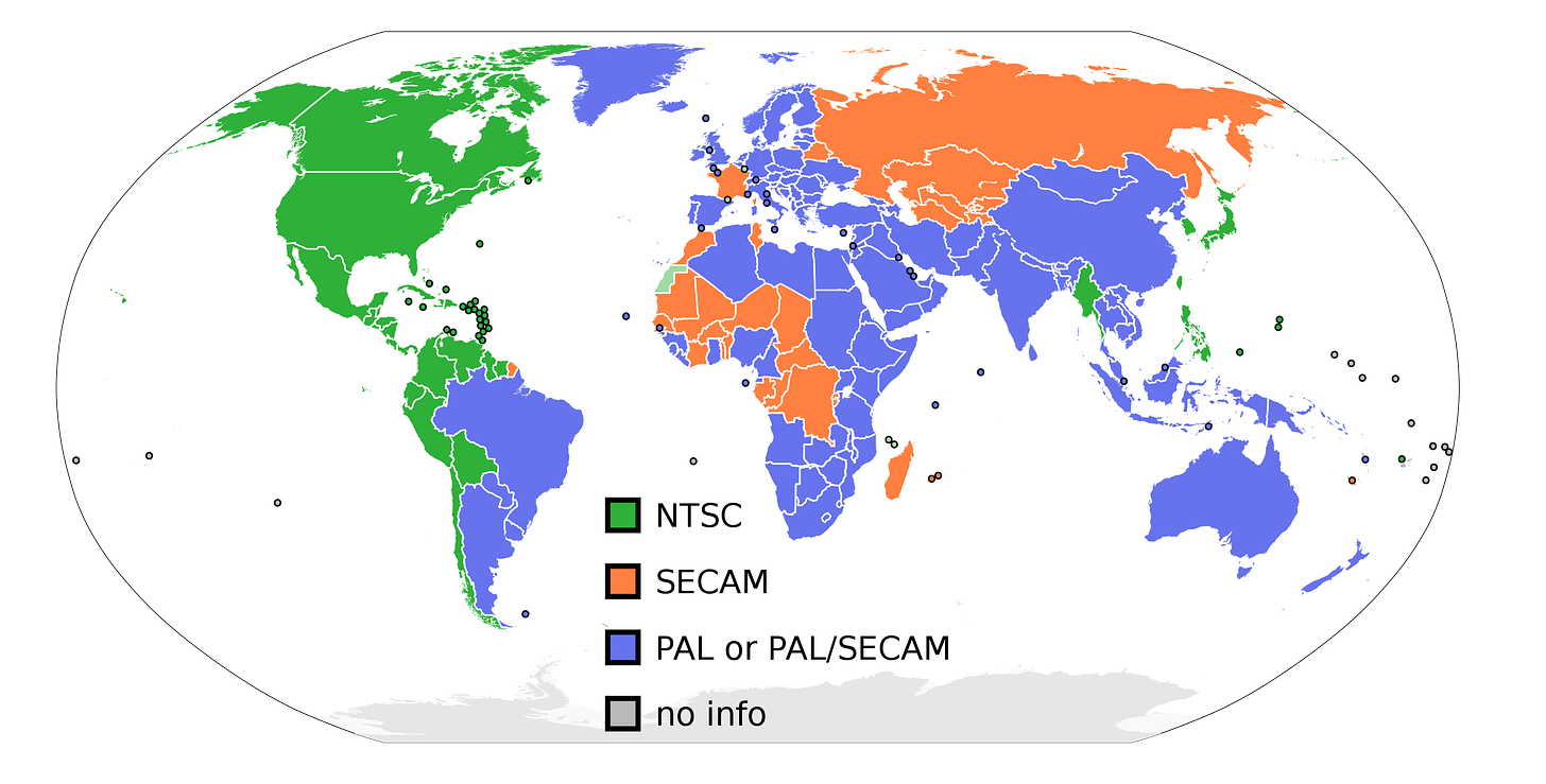 PAL, NTSC, and SECAM. Hong Kong and Macau, the two Chinese dependencies on the southern coast of China, are omitted on the map. Both use the PAL-I system. The target date for the switchover to digital-only broadcasting in Hong Kong was deferred in 2011 to the end of 2015. Green (NTSC) Orange (SECAM) Blue (PAL or PAL/SECAM) Olive (No data)