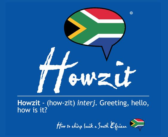 This may contain: a blue background with the words howzit, how is it? and an image of a speech bubble