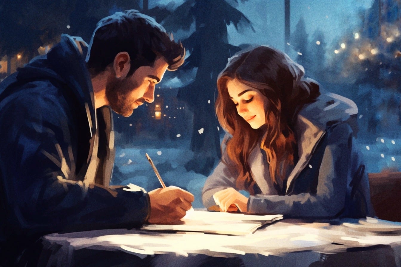 An illustration of a man on the left and a woman on the right, sitting at a table, both looking at some journals. They are inside a cozy cafe and it is treed and snowy outside. They are writing a story together.