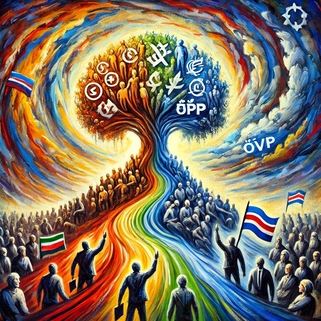 An abstract painting with bold, swirling brushstrokes and vibrant, contrasting colors. The central scene depicts the FPÖ's rise in voter support, symbolized by a growing tree with diverse figures representing various societal groups, including business people, yoga teachers, and formerly apolitical individuals. Surrounding this tree are smaller, shrinking figures representing the ÖVP and SPÖ, depicted in more muted tones. The dramatic sky in the background suggests a significant, emotional atmosphere, reflecting the political shifts and societal changes.