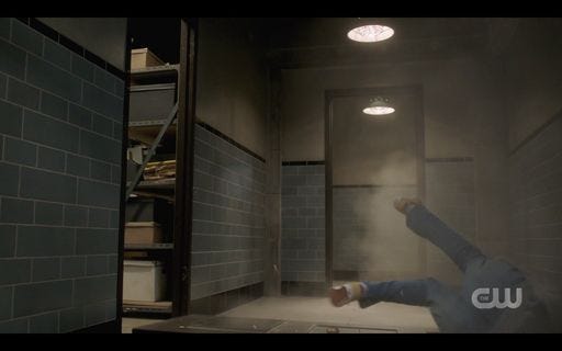 Dean Winchester crashing through basement door SPN.