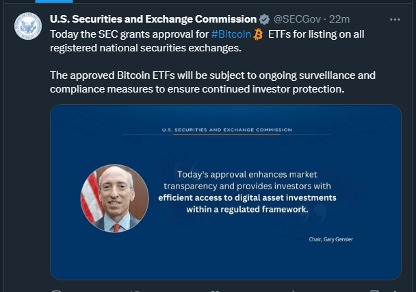 SEC Fake message announcing Bitcoin ETF approval from the compromised account