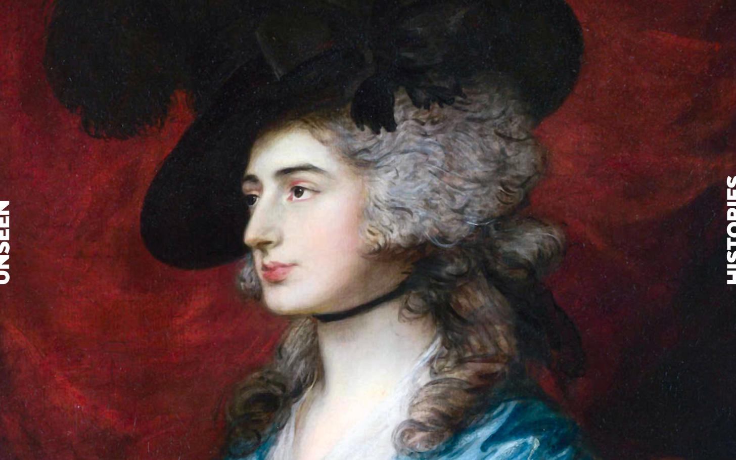 Painting from 1785 depicts Sarah Siddons, a white woman wearing a black hat and an elaborate blue dress. Red backdrop.