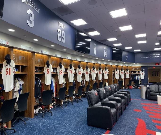A locker room with chairs and a row of jerseys

Description automatically generated