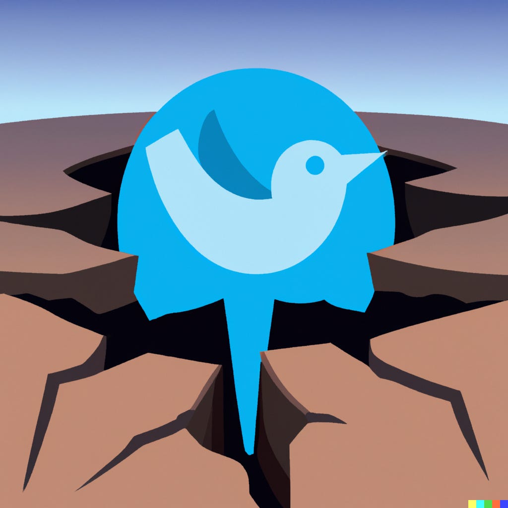 “twitter logo flying above a giant crack in the ground after an earthquake” / DALL-E