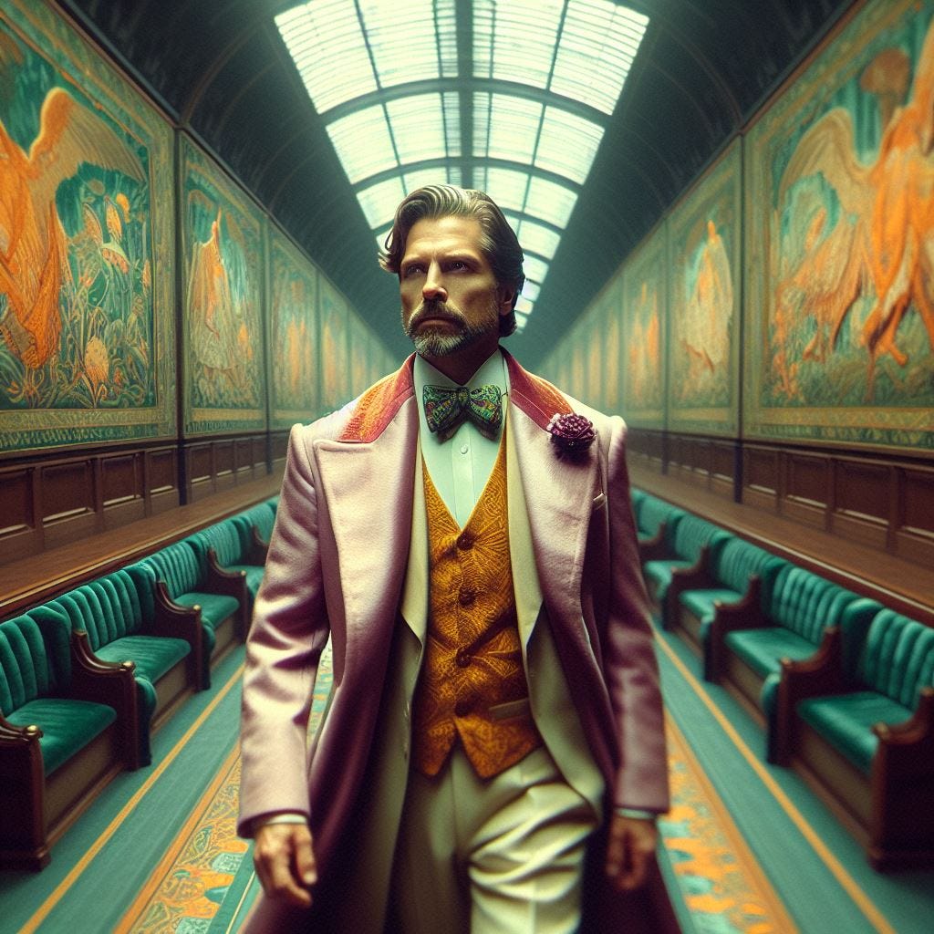 hyper realistic ;tiltshift; art deco . vast distance. handsome middle aged, heroic man  in light magenta, light cyan, and light yellow and cream silk suit  in style of sci-fi artist Bastien Lecouffe Deharme. velvet in  dark green and prussian blue. Orange and green embroidered tapestries / paintings. Eliel Saarinen: Helsinki Central Railway Station (1904-19)