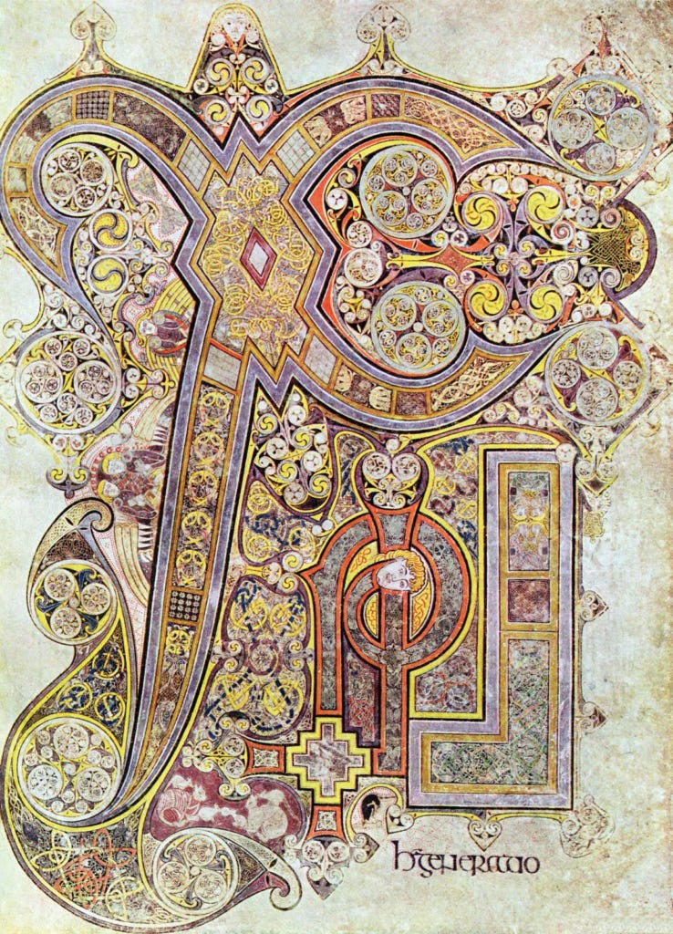 The 'Chi Rho' page from the Book of Kells, featuring the first two letters of 'Christ' in ancient Greek.