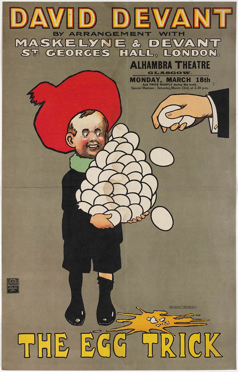 A magic show poster showing a young boy holding a large amount of eggs, one of which has fallen and smashed on the floor.