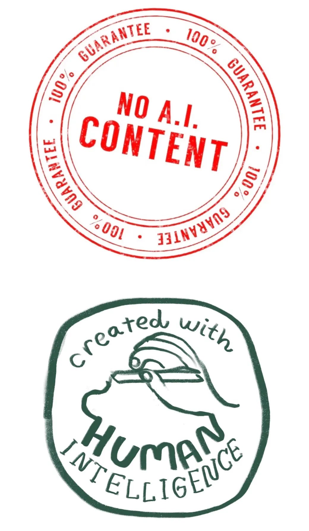 A badge with No AI Content and another with Created with Human Intelligence