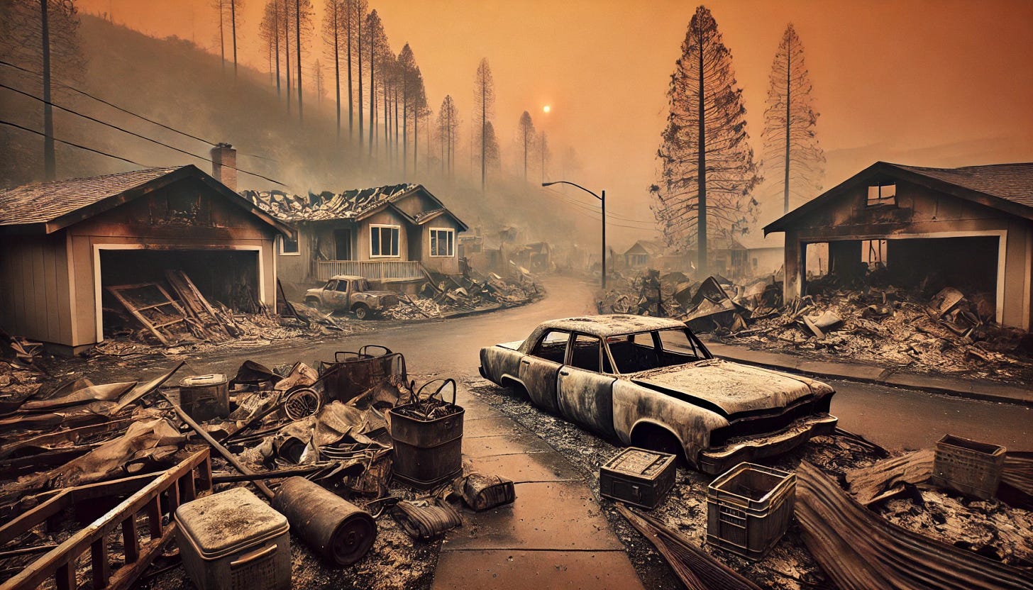 A haunting scene of a California neighborhood devastated by wildfires, showing scorched and blackened houses, burned-out vehicles, and ash-covered streets. The setting is bleak and somber, with a hazy orange sky filled with smoke and embers. Remnants of personal belongings scattered among the debris evoke a sense of loss. The landscape in the background features charred trees and barren hills, emphasizing the extent of destruction. The mood is one of desolation and abandonment, reflecting the consequences of neglect and mismanagement.