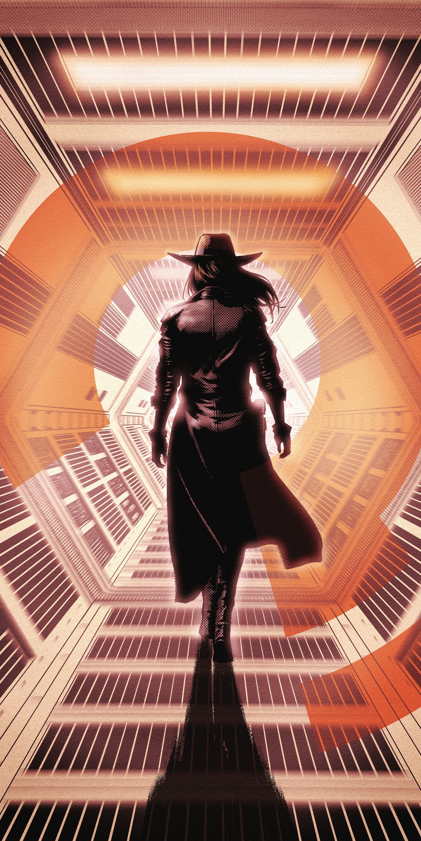 Renee Montoya/The Question walks down a futuristic hallway in her cool trenchcoat and fedora.