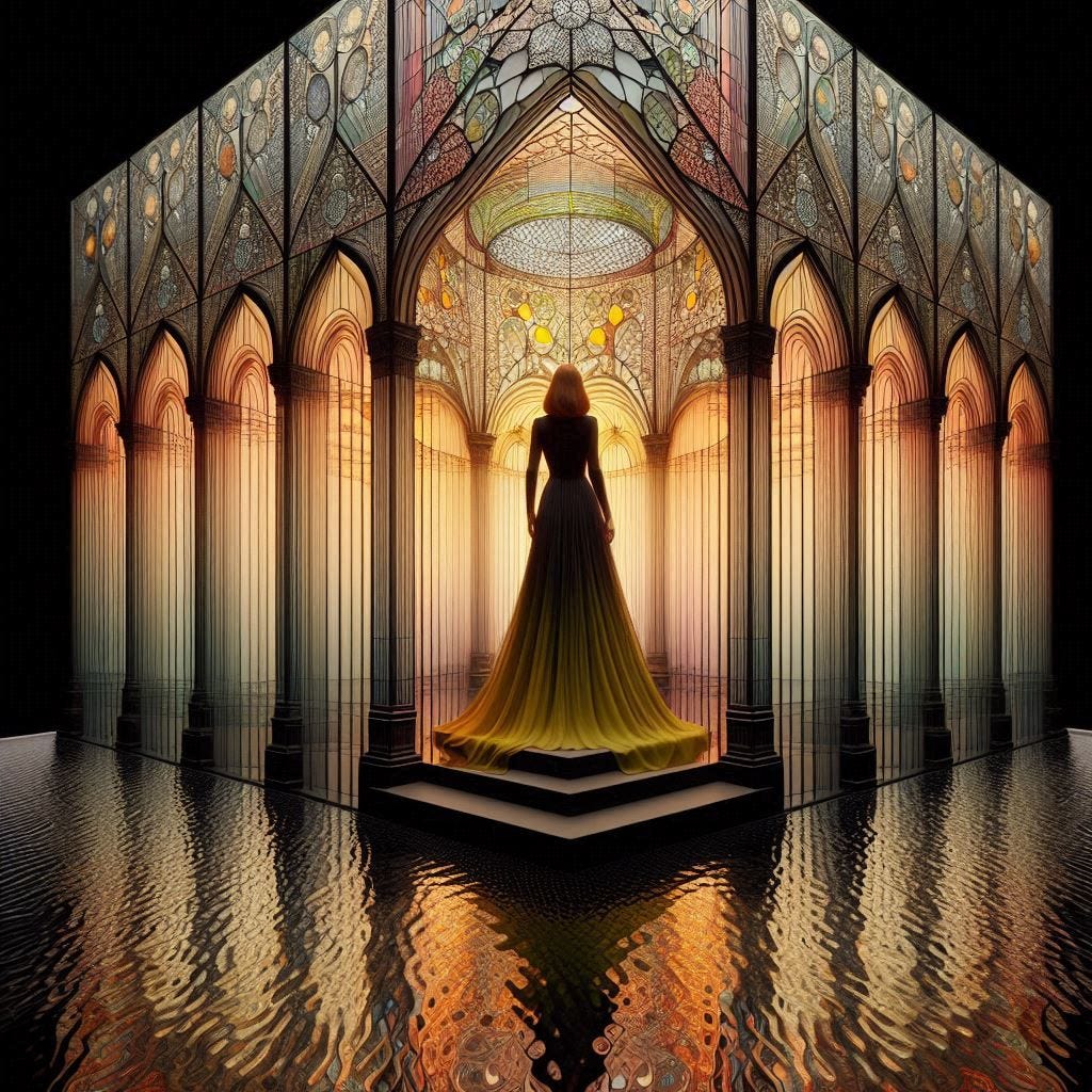 inside glass structure; tiltshift 4d angle glass embedded Altgeld hall building/ woman inside Altgeld hall in olive,chartrues, midnightblue, hansa yellow sequence dress/ long black and gold scarf. black,coral orange, pink, cream, olive address/earrings made of moons aglow/ reverberating waves. black hole in floor/ water in resin verdigris./ standing on stage/ In the style of Michael Parkes. black etching/ black linework/ white tiger / black sky 