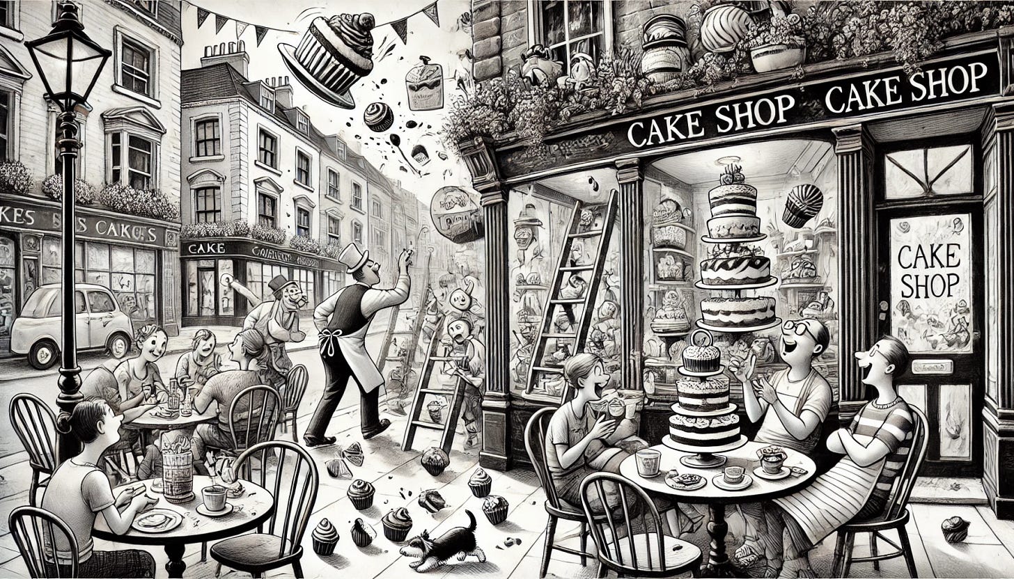 A black and white, hand-drawn scene of a bustling cake shop by a busy street. The shop is lively with customers enjoying cakes and pastries at small, round tables. Some are chatting and laughing, while others look frustrated at the long wait. A funny moment shows a server accidentally spilling a tray of cupcakes, with another customer hilariously trying to catch them mid-air. Nearby, a customer is balancing a stack of cake boxes that looks ready to topple. The decor is charming and rustic, with cake displays and a few playful cake-themed signs. Outside the shop, a busy street is visible with storefronts, pedestrians, and quirky characters like a dog chasing a cyclist. The entire scene is rendered in shades of black, white, and gray, emphasizing contrast and detail.