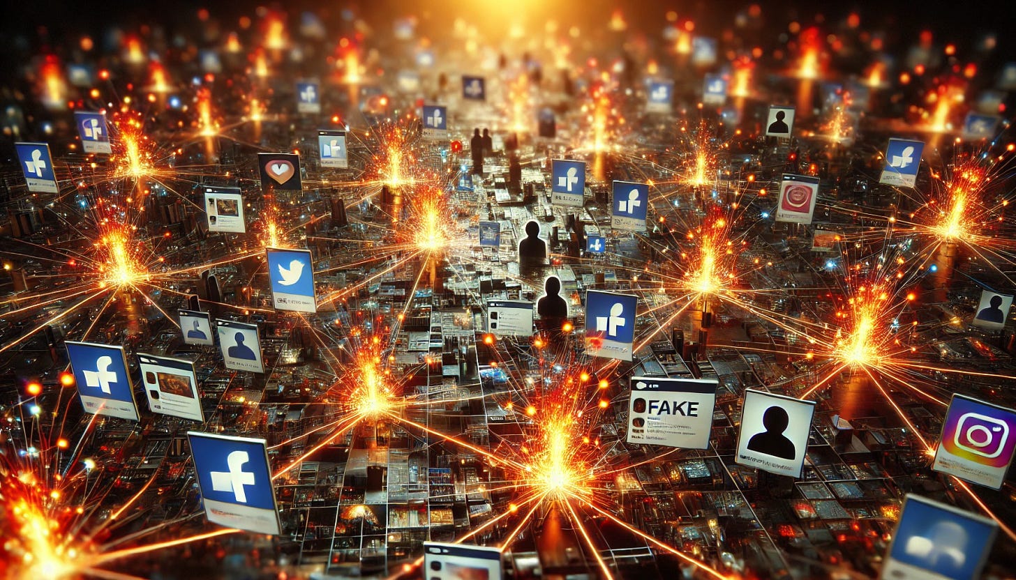 A bustling social media network visualized as a web of interconnected nodes, with glowing, fiery threads representing the spread of disinformation. Each node displays AI-generated posts, fake headlines, and manipulated images, while dark shadows representing state-sponsored actors loom in the background. The scene is dynamic, cinematic, and photorealistic, rendered with high detail and dramatic lighting.