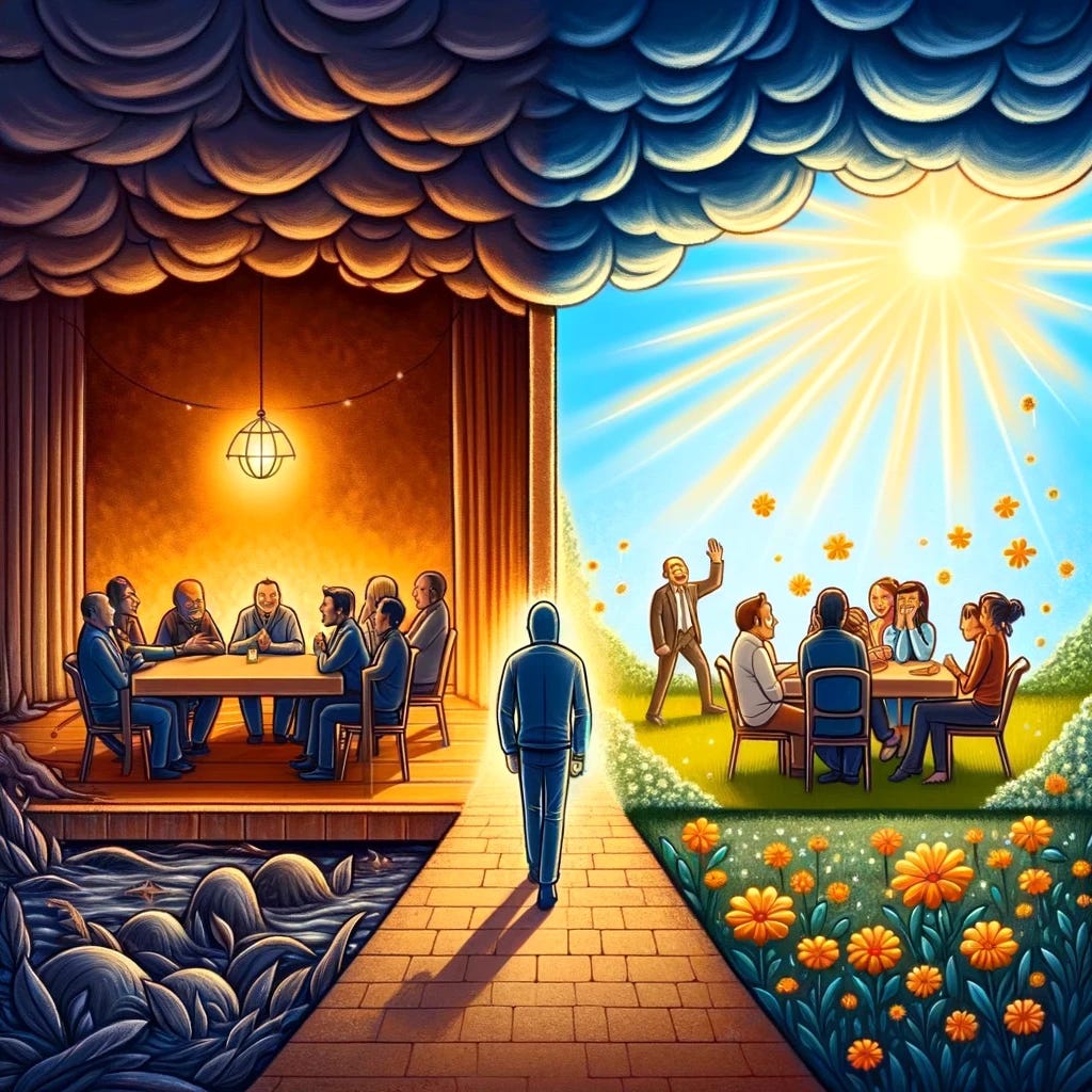 A symbolic illustration that captures the essence of choosing positive environments over toxic ones. The image depicts two contrasting scenes divided by a thin line. On one side, there's a gloomy, dimly lit room with a group of people gathered around a table, speaking ill of an absent person, symbolized by dark clouds above them, representing the negativity and toxicity of the environment. On the other side, there's a bright, warmly lit space where a diverse group of people engage in constructive and supportive conversation, with light rays and flowers symbolizing positivity and growth. A person is shown walking away from the gloomy side and stepping into the bright side, illustrating the decision to leave behind toxic environments and embrace positive interactions. This visual metaphor highlights the importance of surrounding oneself with uplifting and respectful company.