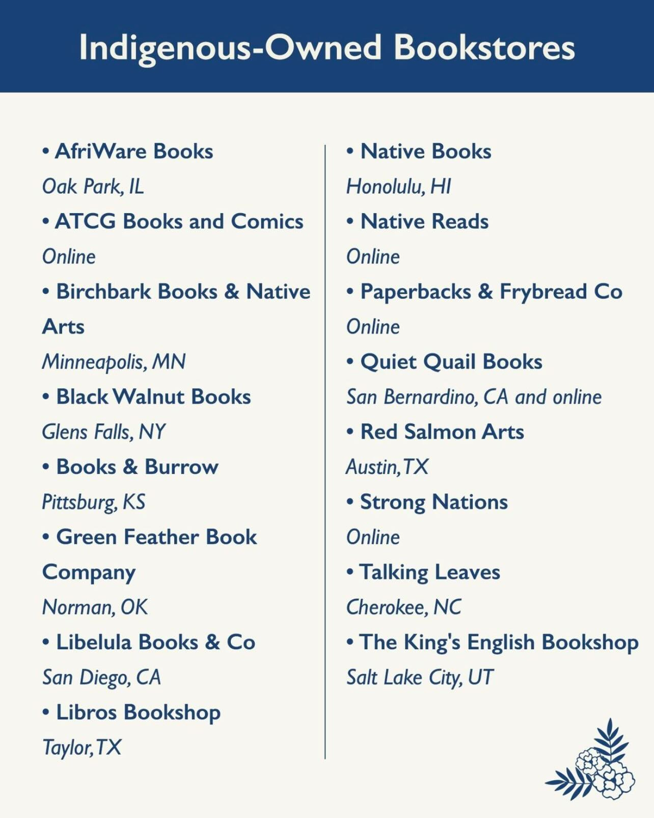 An image listing indigenous owned bookstores