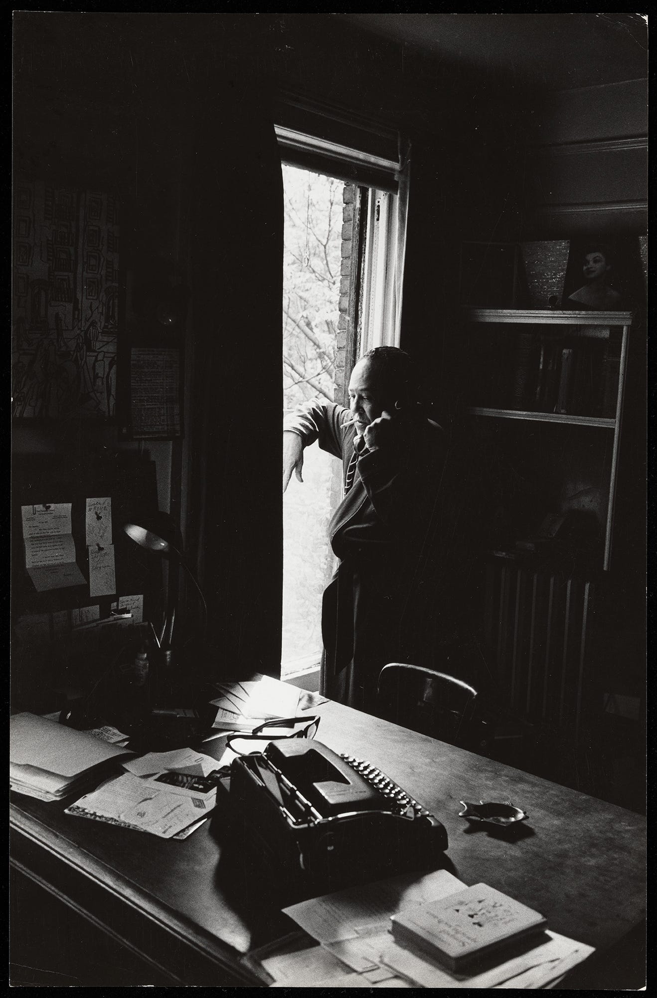 Ole Brask (photograph), Langston Hughes (in studio), June 1962 [Langston Hughes papers, JWJ MSS 26, Oversize, Box 633, folder 14215, Yale University Library, Beinecke Rare Book and Manuscript Library, New Haven, CT. © Ole Brask]