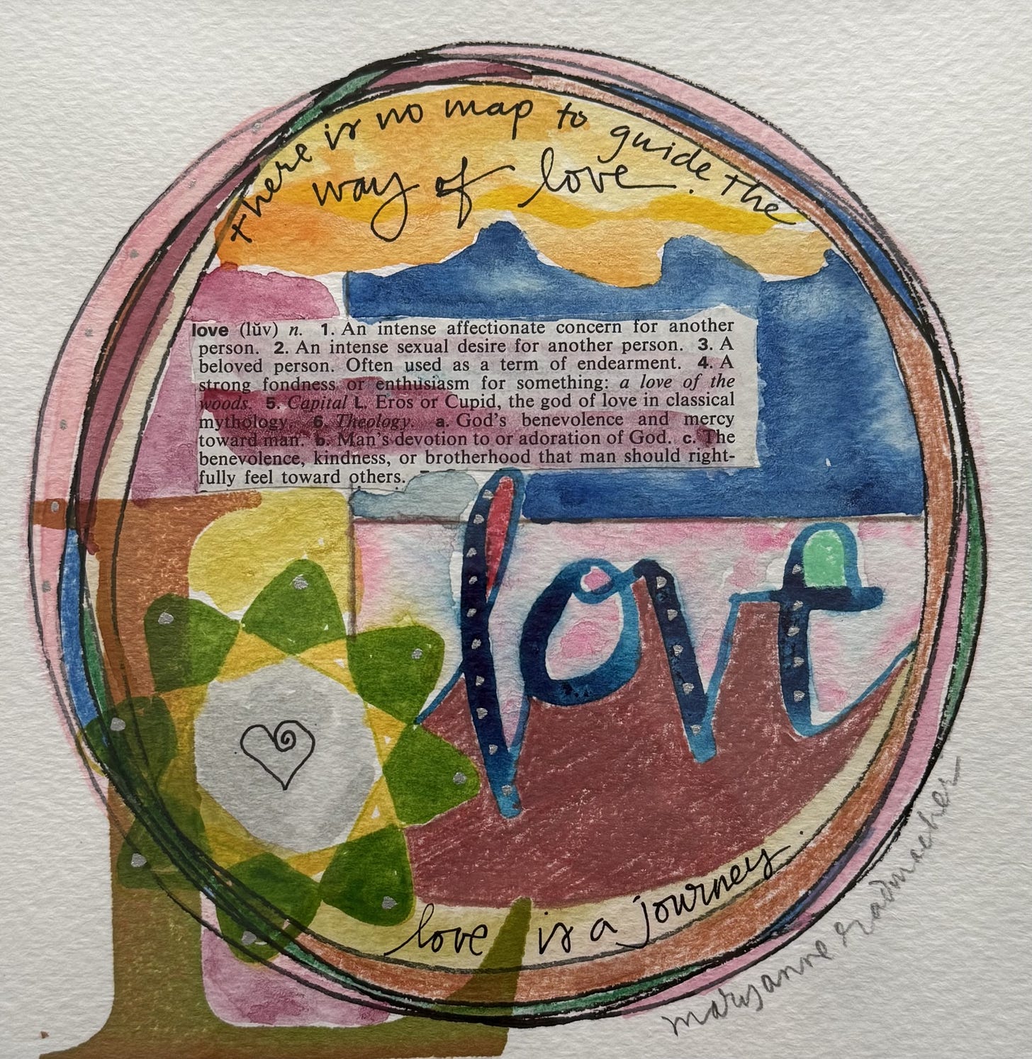 Artwork by Mary Anne em Radmacher with the word ‘love’ in the center and text ‘there is no map to guide the way of love’ above Artwork by Mary Anne em Radmacher with the word ‘love’ in the center and text ‘there is no map to guide the way of love’ above