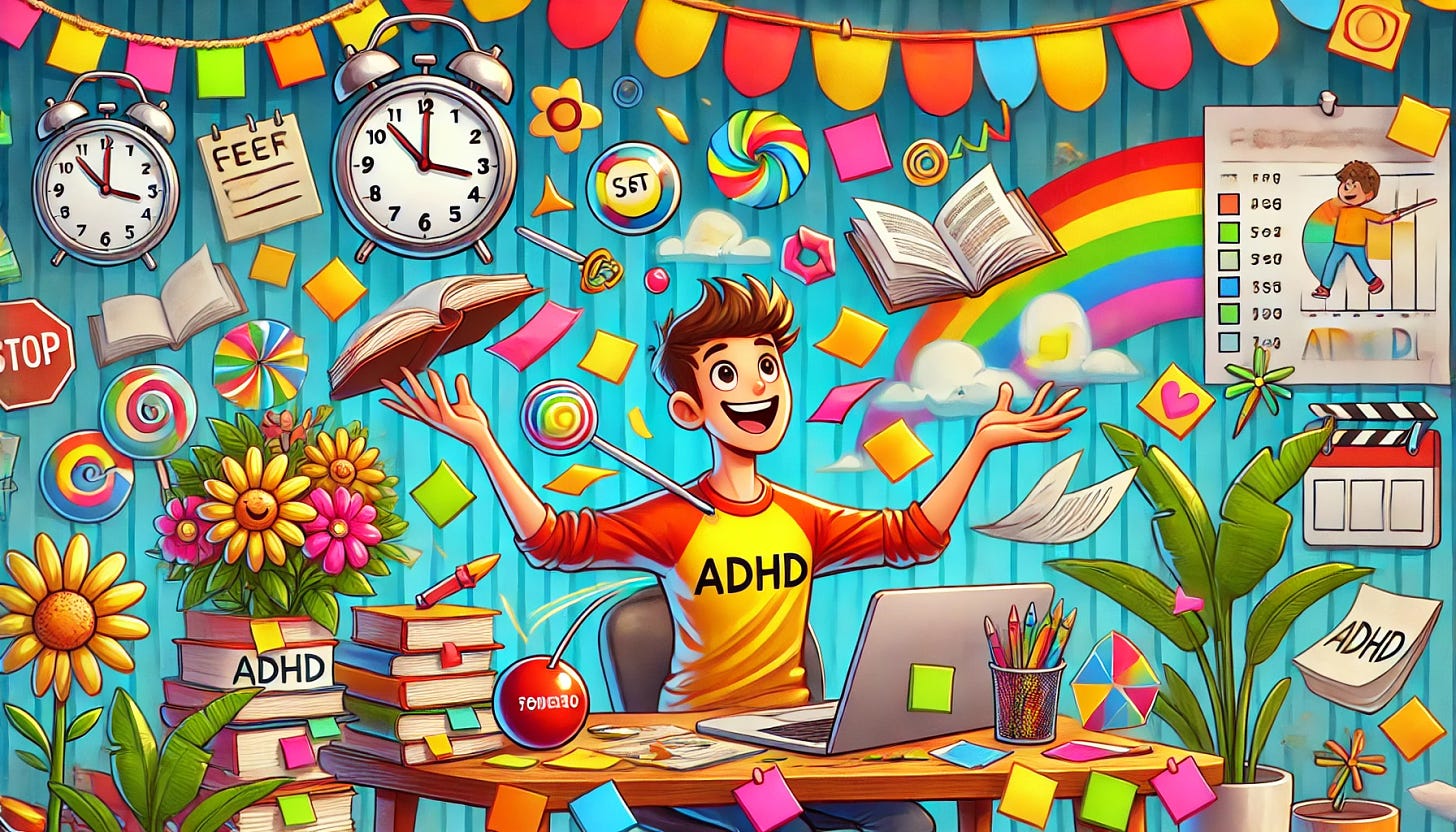 A fun and energetic illustration capturing the chaos and creativity of ADHD. A person juggling tasks like sticky notes, timers, and books while looking playful and focused in a colorful, vibrant workspace. The scene includes bright sticky notes on walls, a Pomodoro timer on the desk, and scattered papers, symbolizing productivity in a lighthearted and humorous way. In the background, playful elements like a circus tent and confetti suggest a blend of chaos and fun, with a positive, upbeat atmosphere.