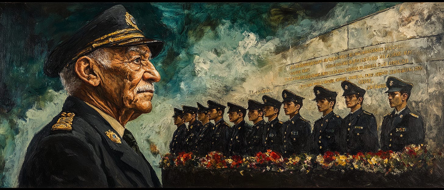 A dramatic painting depicting an elderly naval officer in profile, wearing a decorated uniform and cap, standing in front of a group of young uniformed officers lined up in formation. The background features a textured wall with faint inscriptions and vibrant flower arrangements in the foreground, conveying a sense of honor and remembrance.