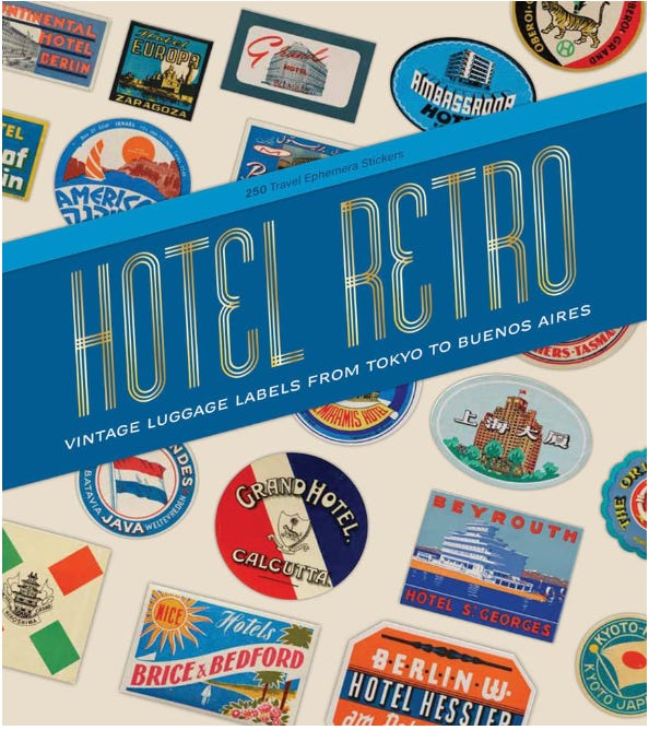 book cover with sample stickers, such as Grand Hotel Calcutta