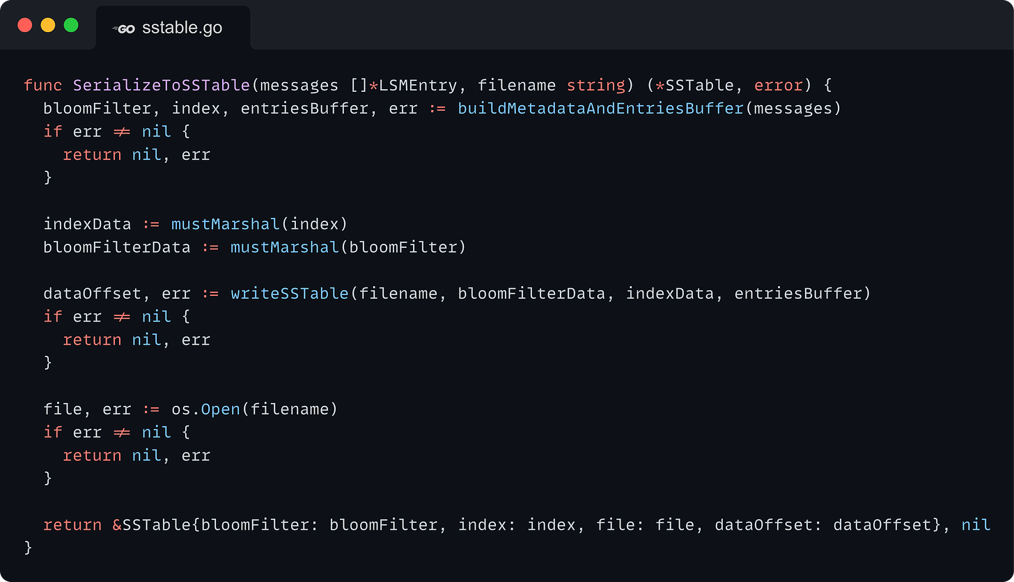 func SerializeToSSTable(messages []*LSMEntry, filename string) (*SSTable, error) {   bloomFilter, index, entriesBuffer, err := buildMetadataAndEntriesBuffer(messages)   if err != nil {     return nil, err   }    indexData := mustMarshal(index)   bloomFilterData := mustMarshal(bloomFilter)    dataOffset, err := writeSSTable(filename, bloomFilterData, indexData, entriesBuffer)   if err != nil {     return nil, err   }    file, err := os.Open(filename)   if err != nil {     return nil, err   }    return &SSTable{bloomFilter: bloomFilter, index: index, file: file, dataOffset: dataOffset}, nil }