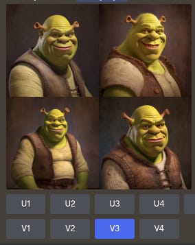 Grid with four images of Shrek and variation buttons
