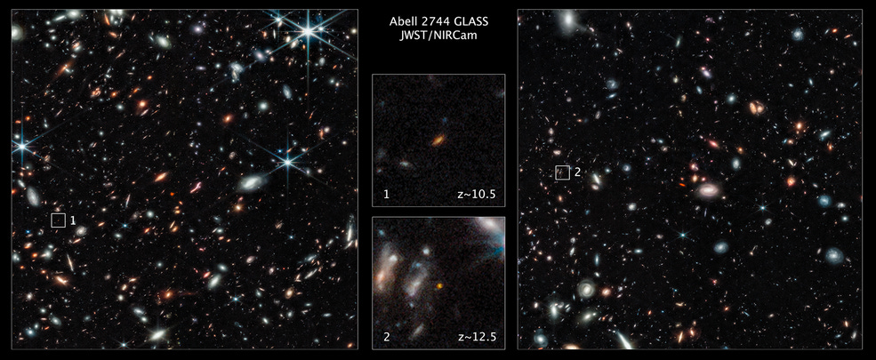 Image collage labeled "Abell 2744 GLASS JWST/NIRCAM." Two large frames, left and right, with countless white stars, interspersed with yellow and orange galaxies of various shapes on a black background. Two smaller center images are close ups two galaxies.