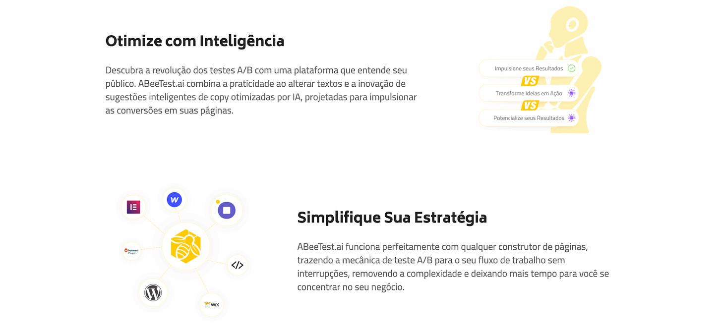 Alguns dos benefícios listados na landing page do AbeeTest.ai