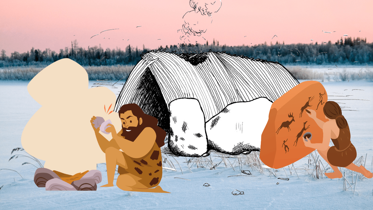 llustration of prehistoric humans in a snowy landscape. A male figure sits by a pile of stones, shaping a tool, while a female figure paints animal figures on a large rock. Behind them, a simple shelter made of animal hides emits smoke, suggesting warmth inside. The backdrop features frozen terrain and a pinkish sky