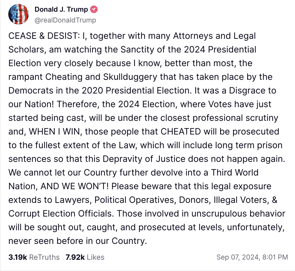 A Truth Social post from former President Trump. 