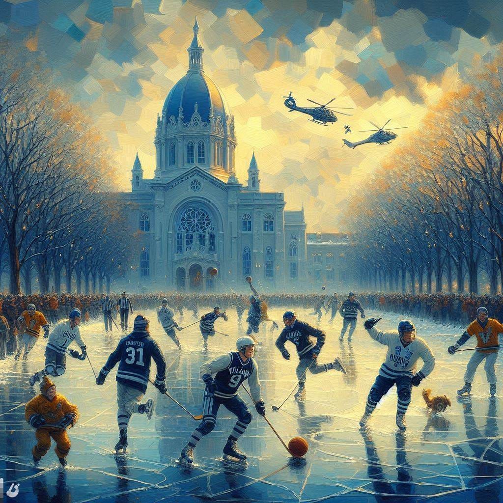 Villanova and Marquette playing basketball on a frozen lake and skating, impressionism